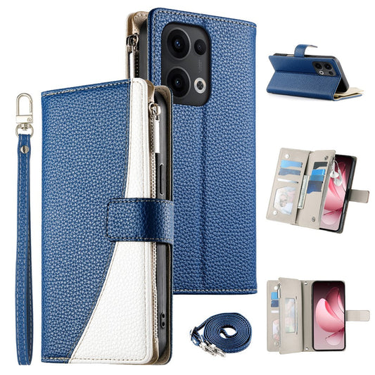 For Oppo Reno13 5G (Global) Case Zipper Wallet Color Splicing Leather Flip Phone Cover with Straps - Dark Blue
