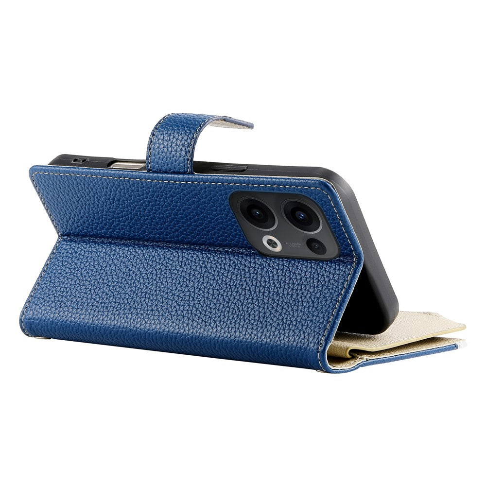 For Oppo Reno13 5G (Global) Case Zipper Wallet Color Splicing Leather Flip Phone Cover with Straps - Dark Blue