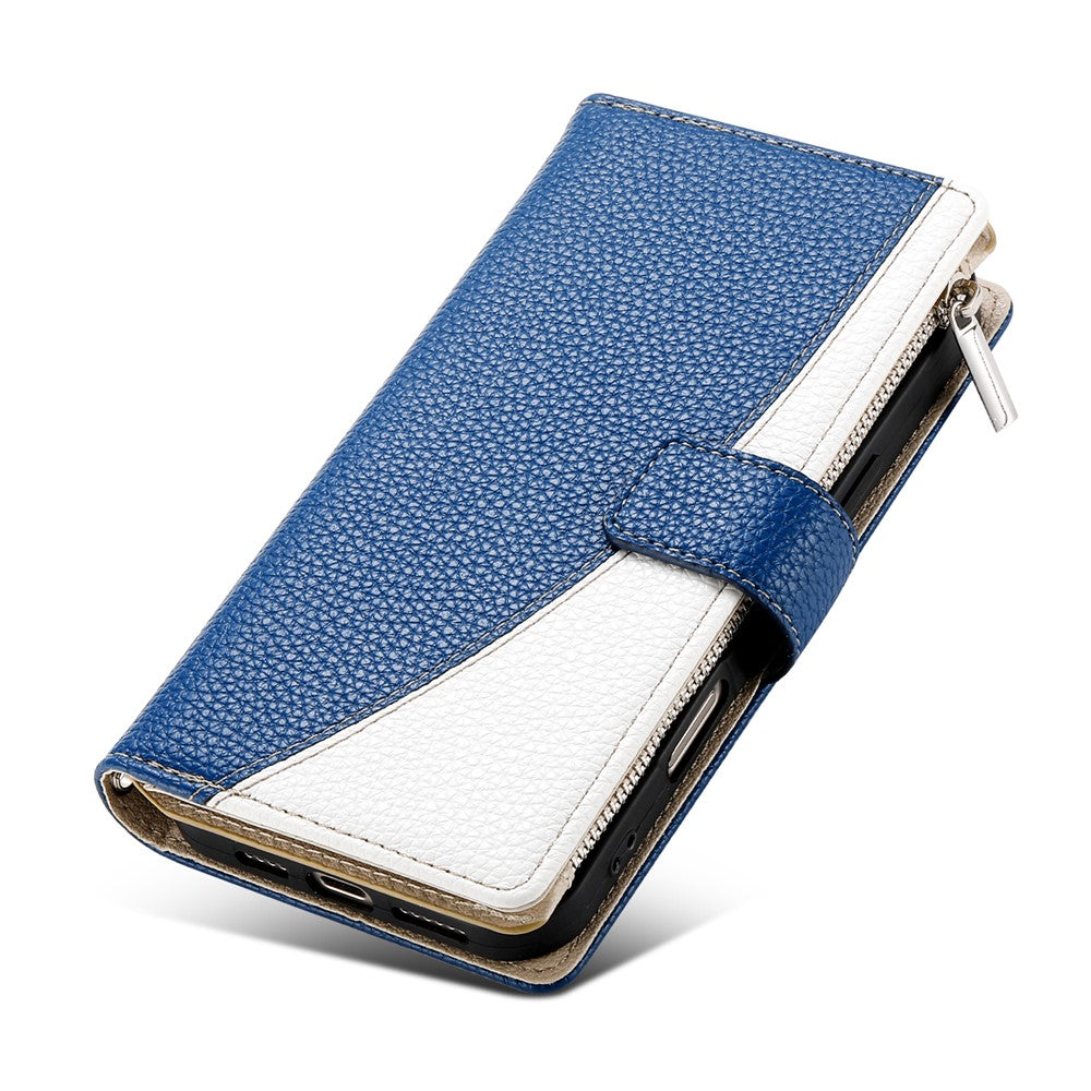 For Oppo Reno13 5G (Global) Case Zipper Wallet Color Splicing Leather Flip Phone Cover with Straps - Dark Blue