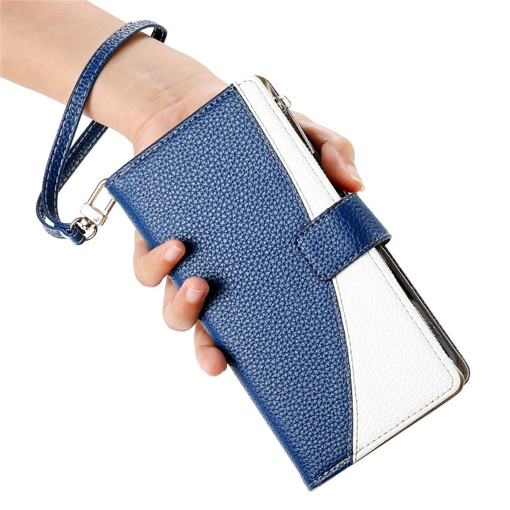 For Oppo Reno13 5G (Global) Case Zipper Wallet Color Splicing Leather Flip Phone Cover with Straps - Dark Blue