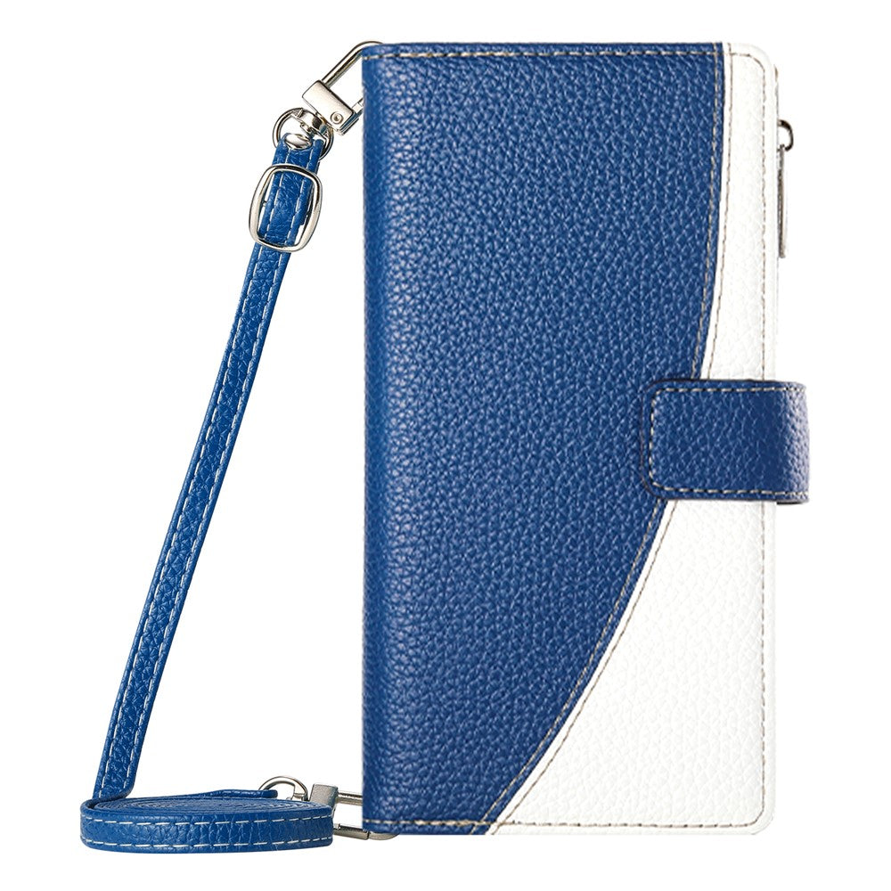 For Oppo Reno13 5G (Global) Case Zipper Wallet Color Splicing Leather Flip Phone Cover with Straps - Dark Blue