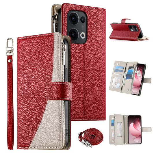 For Oppo Reno13 5G (Global) Case Zipper Wallet Color Splicing Leather Flip Phone Cover with Straps - Red
