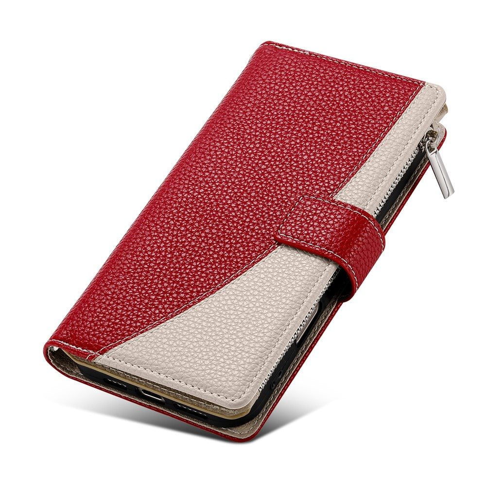For Oppo Reno13 5G (Global) Case Zipper Wallet Color Splicing Leather Flip Phone Cover with Straps - Red
