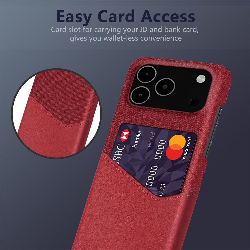 For iPhone 17 Pro Max Case PU Leather Cloth Texture Hard PC Phone Cover with Card Holder - Red