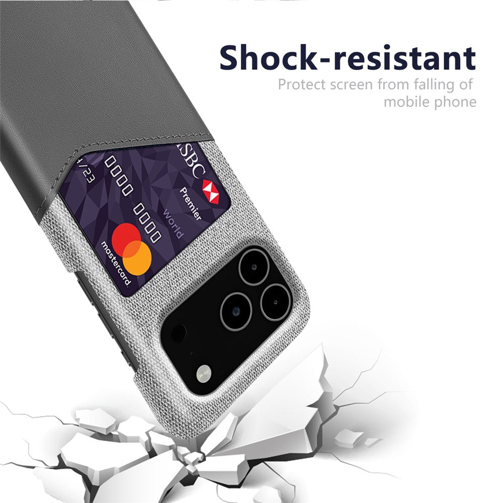 For iPhone 17 Pro Max Case PU Leather Cloth Texture Hard PC Phone Cover with Card Holder - Grey