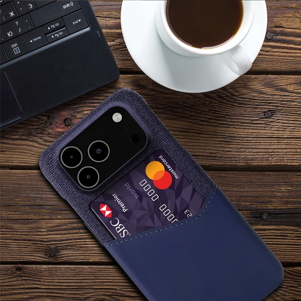 For iPhone 17 Pro Max Case PU Leather Cloth Texture Hard PC Phone Cover with Card Holder - Blue