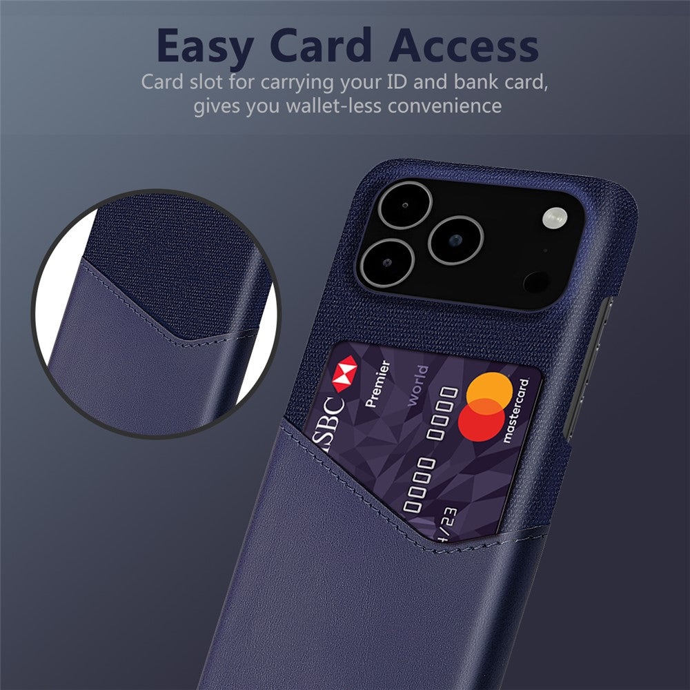 For iPhone 17 Pro Max Case PU Leather Cloth Texture Hard PC Phone Cover with Card Holder - Blue