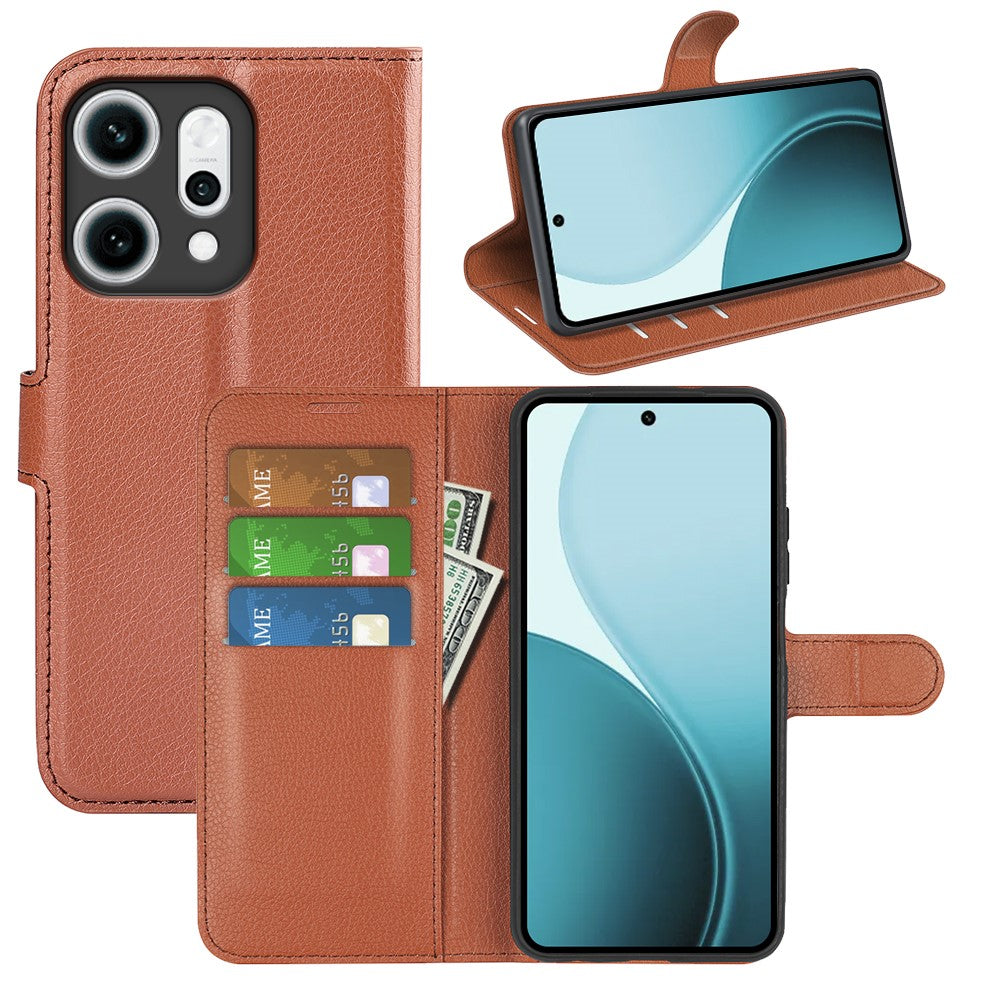 For Oppo Reno14 Pro 5G (China) / Oppo Reno14 Pro 5G (Global) Case Litchi Texture Shockproof Leather Wallet Phone Cover - Brown