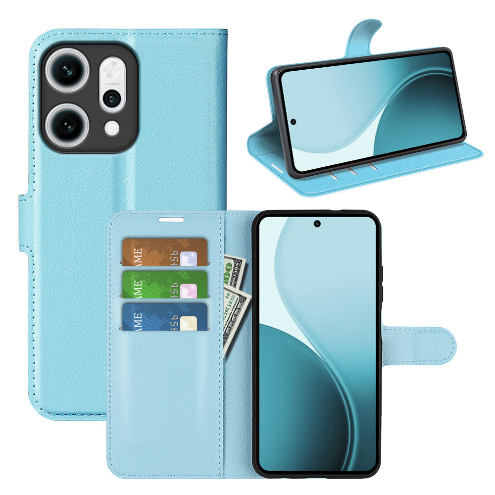 For Oppo Reno14 5G (China) / Oppo Reno14 5G (Global) Case Litchi Texture Shockproof Leather Wallet Phone Cover -  Blue