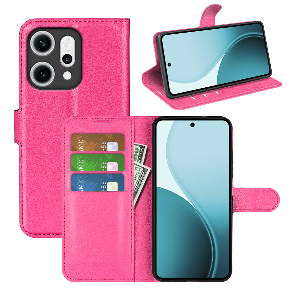 For Oppo Reno14 5G (China) / Oppo Reno14 5G (Global) Case Litchi Texture Shockproof Leather Wallet Phone Cover - Rose Red