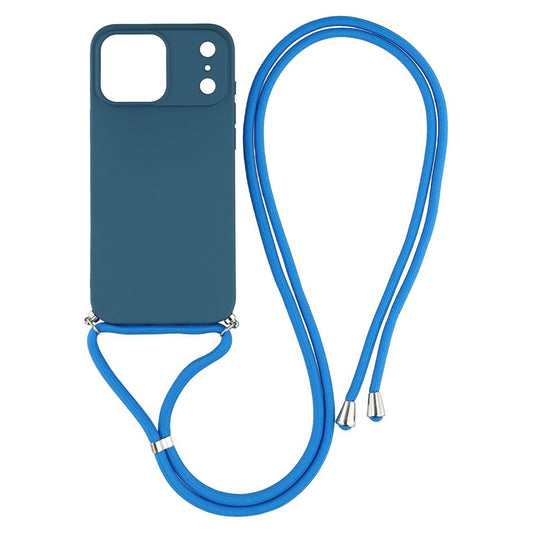 For iPhone 17 Pro Max Case Soft TPU Fiber Lining Phone Cover with Shoulder Strap - Sapphire