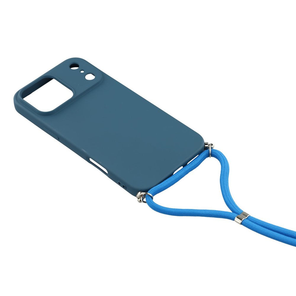 For iPhone 17 Pro Max Case Soft TPU Fiber Lining Phone Cover with Shoulder Strap - Sapphire