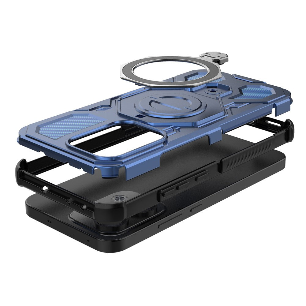 For Oppo Reno13 5G (Global) Magnetic Case Rotating Metal Kickstand PC + TPU Phone Back Cover - Dark Blue