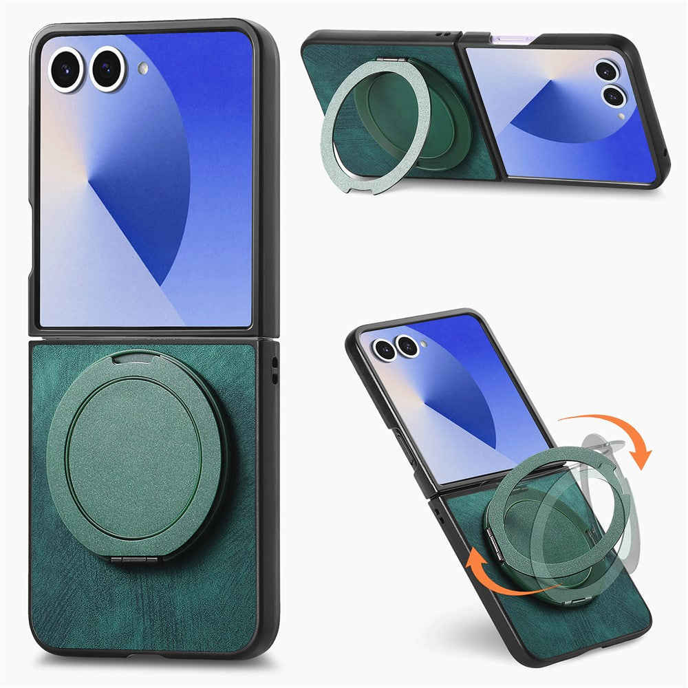 For Samsung Galaxy Z Flip7 5G Phone Case with Rotating Kickstand Stress Relief Retro Leather Back Cover - Green