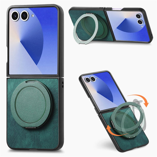 For Samsung Galaxy Z Flip7 5G Phone Case with Rotating Kickstand Stress Relief Retro Leather Back Cover - Green