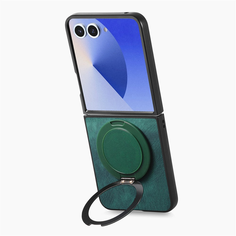 For Samsung Galaxy Z Flip7 5G Phone Case with Rotating Kickstand Stress Relief Retro Leather Back Cover - Green