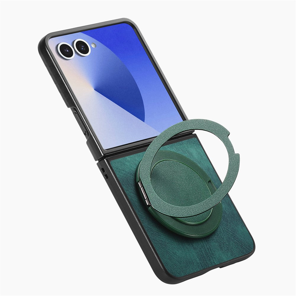 For Samsung Galaxy Z Flip7 5G Phone Case with Rotating Kickstand Stress Relief Retro Leather Back Cover - Green