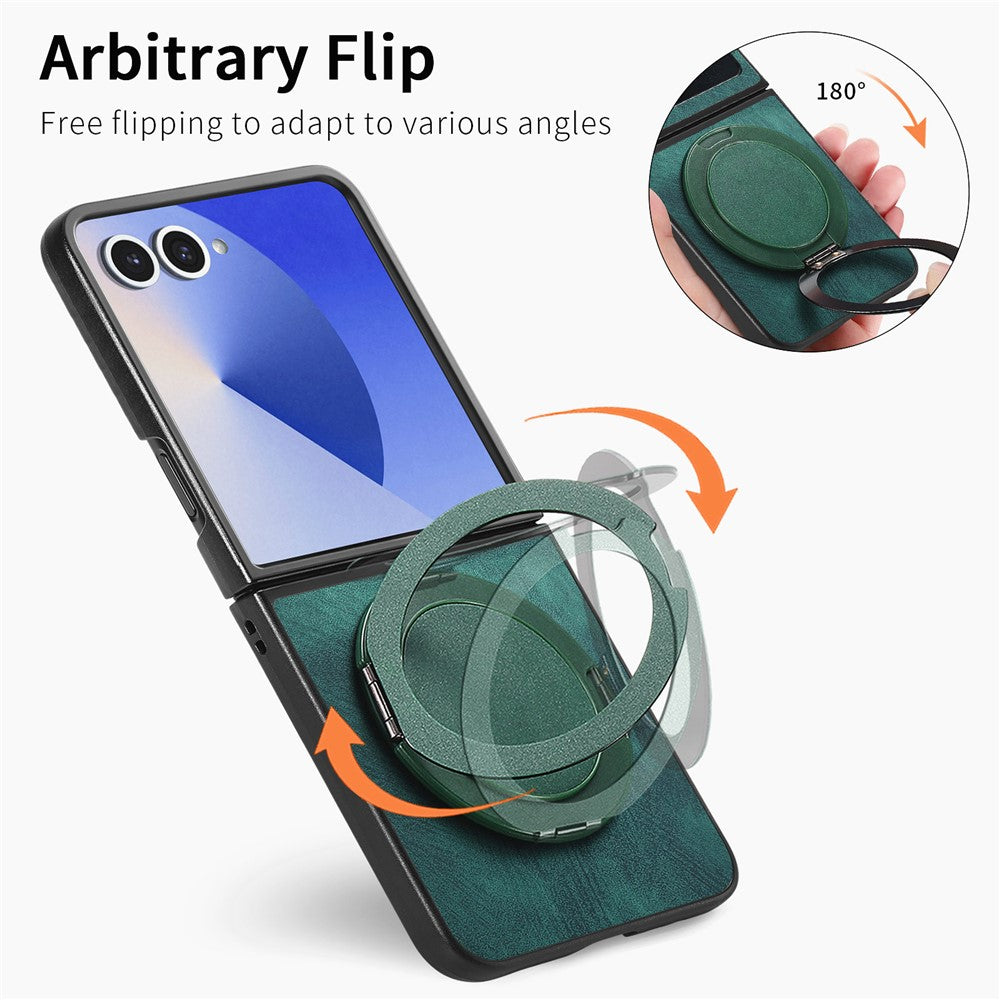 For Samsung Galaxy Z Flip7 5G Phone Case with Rotating Kickstand Stress Relief Retro Leather Back Cover - Green