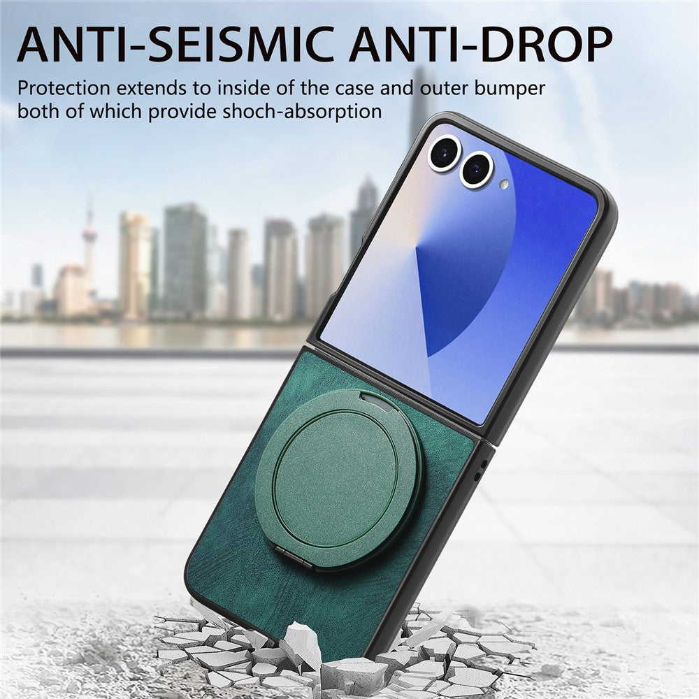 For Samsung Galaxy Z Flip7 5G Phone Case with Rotating Kickstand Stress Relief Retro Leather Back Cover - Green