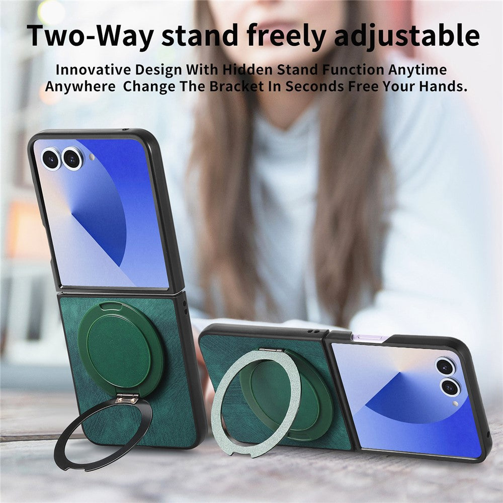 For Samsung Galaxy Z Flip7 5G Phone Case with Rotating Kickstand Stress Relief Retro Leather Back Cover - Green