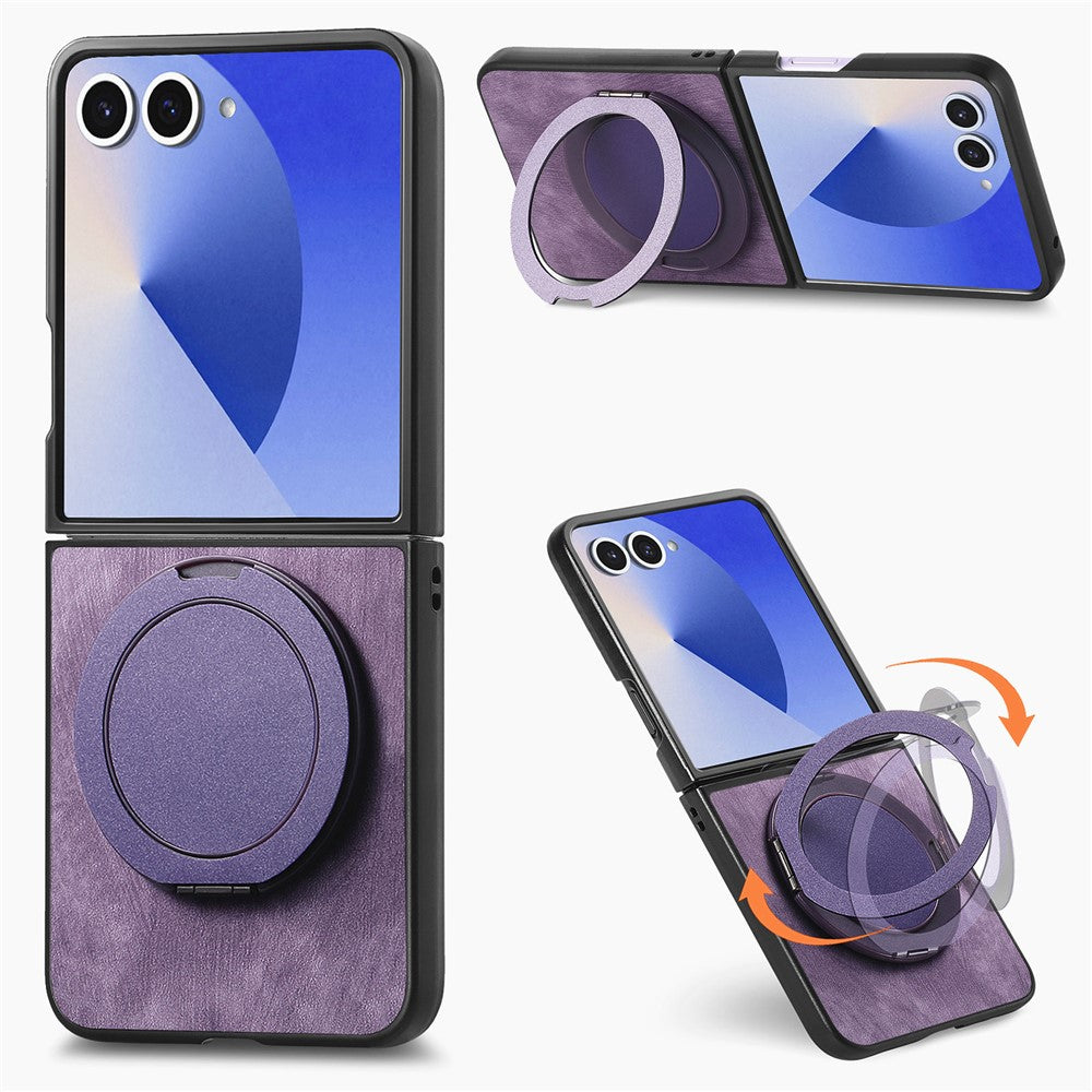 For Samsung Galaxy Z Flip7 5G Phone Case with Rotating Kickstand Stress Relief Retro Leather Back Cover - Purple