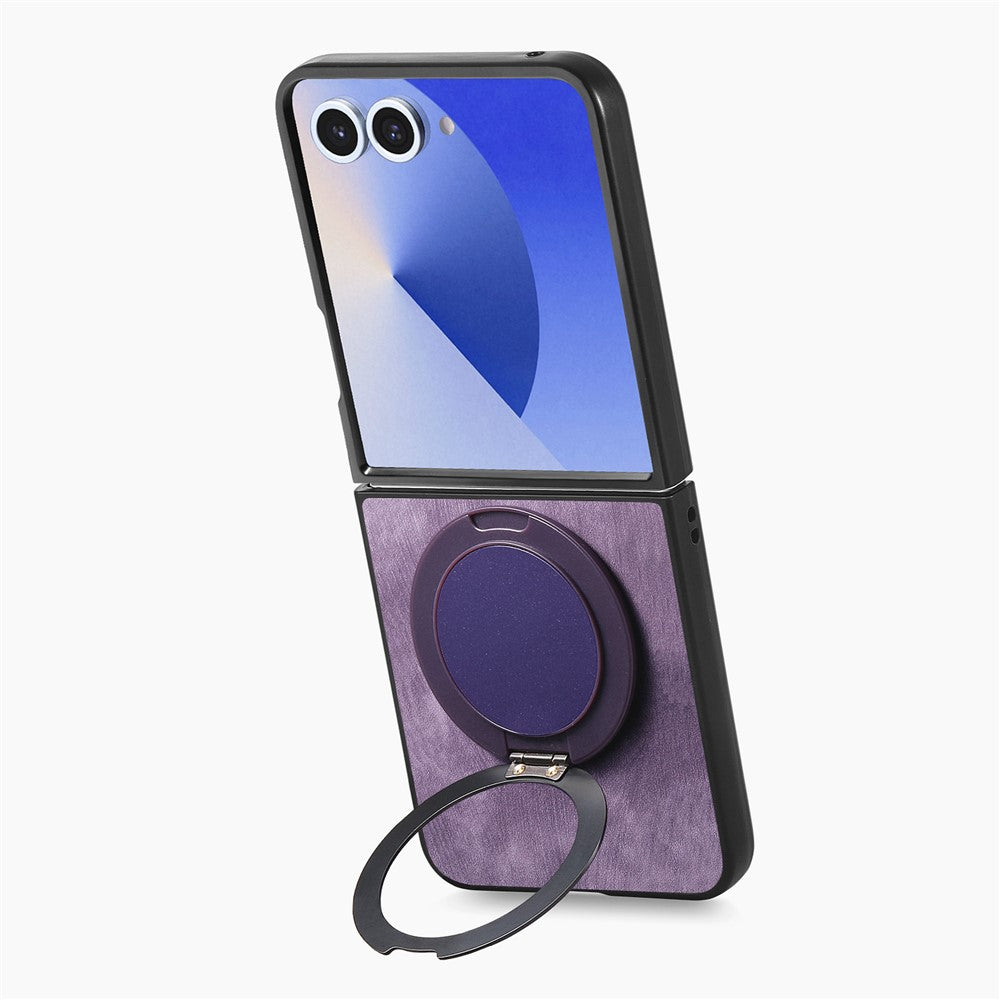 For Samsung Galaxy Z Flip7 5G Phone Case with Rotating Kickstand Stress Relief Retro Leather Back Cover - Purple