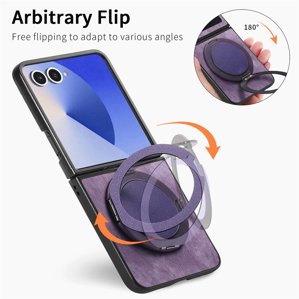 For Samsung Galaxy Z Flip7 5G Phone Case with Rotating Kickstand Stress Relief Retro Leather Back Cover - Purple