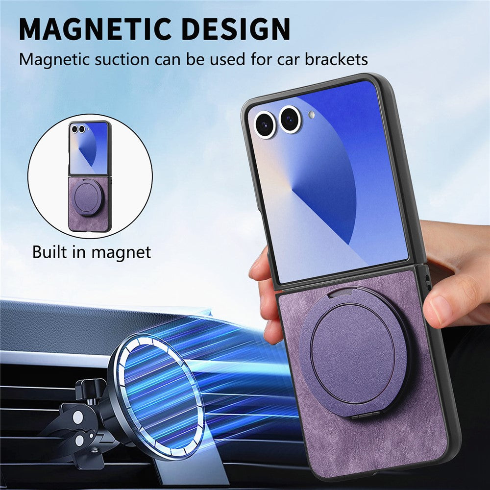 For Samsung Galaxy Z Flip7 5G Phone Case with Rotating Kickstand Stress Relief Retro Leather Back Cover - Purple