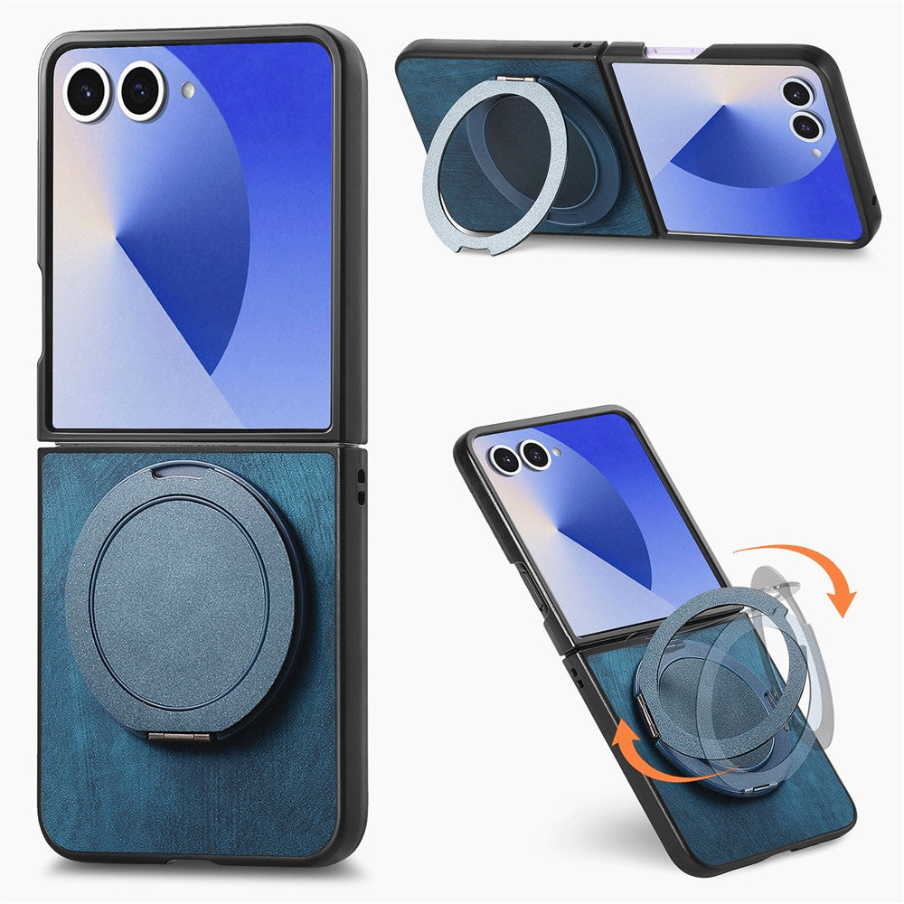 For Samsung Galaxy Z Flip7 5G Phone Case with Rotating Kickstand Stress Relief Retro Leather Back Cover - Blue