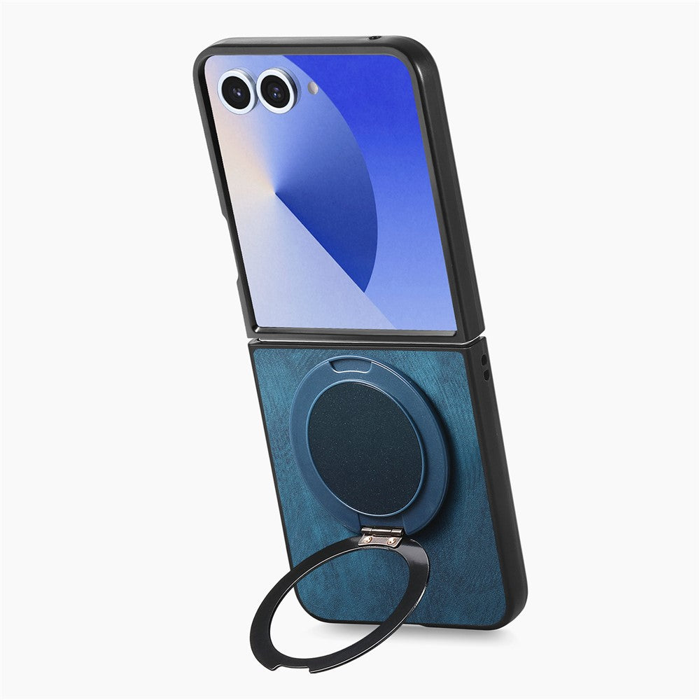 For Samsung Galaxy Z Flip7 5G Phone Case with Rotating Kickstand Stress Relief Retro Leather Back Cover - Blue