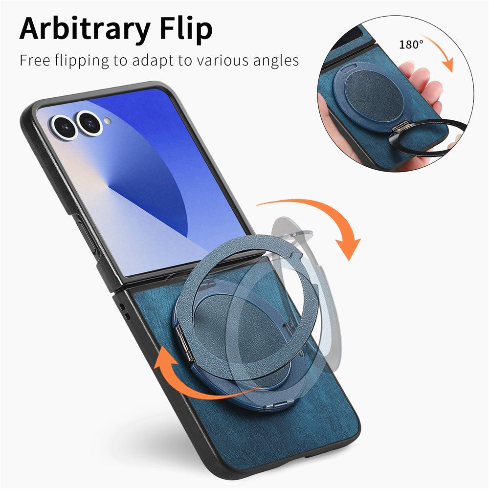 For Samsung Galaxy Z Flip7 5G Phone Case with Rotating Kickstand Stress Relief Retro Leather Back Cover - Blue