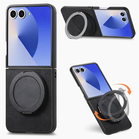 For Samsung Galaxy Z Flip7 5G Phone Case with Rotating Kickstand Stress Relief Retro Leather Back Cover - Black