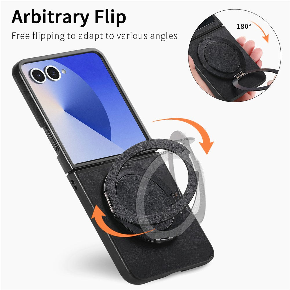 For Samsung Galaxy Z Flip7 5G Phone Case with Rotating Kickstand Stress Relief Retro Leather Back Cover - Black