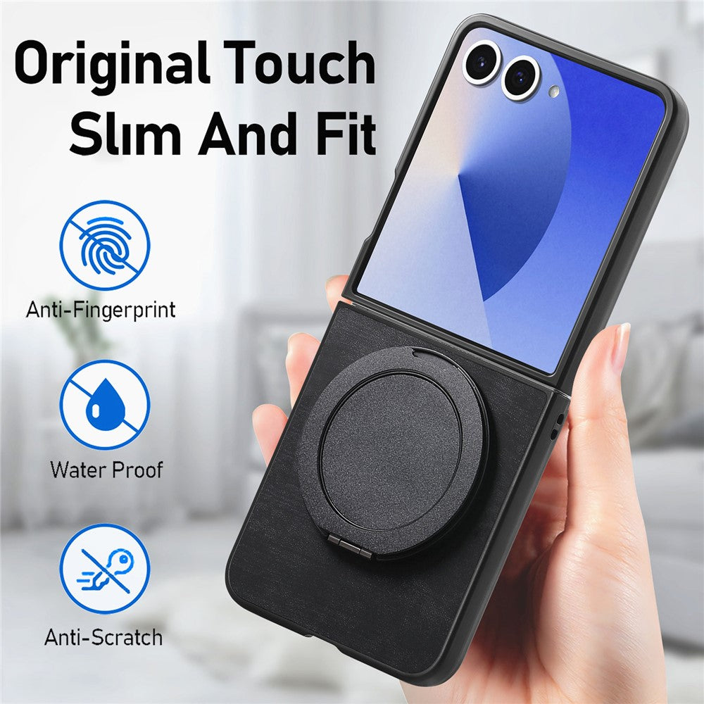 For Samsung Galaxy Z Flip7 5G Phone Case with Rotating Kickstand Stress Relief Retro Leather Back Cover - Black