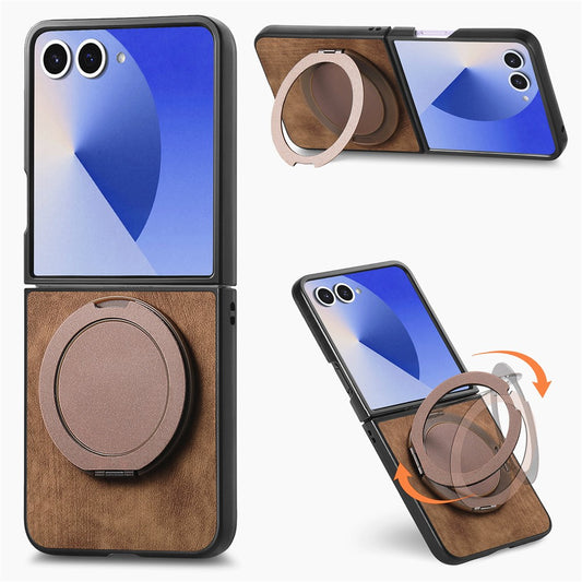 For Samsung Galaxy Z Flip7 5G Phone Case with Rotating Kickstand Stress Relief Retro Leather Back Cover - Brown