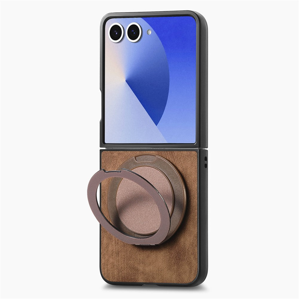 For Samsung Galaxy Z Flip7 5G Phone Case with Rotating Kickstand Stress Relief Retro Leather Back Cover - Brown