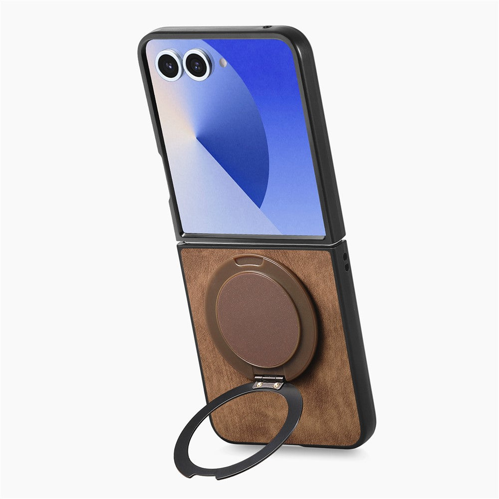 For Samsung Galaxy Z Flip7 5G Phone Case with Rotating Kickstand Stress Relief Retro Leather Back Cover - Brown