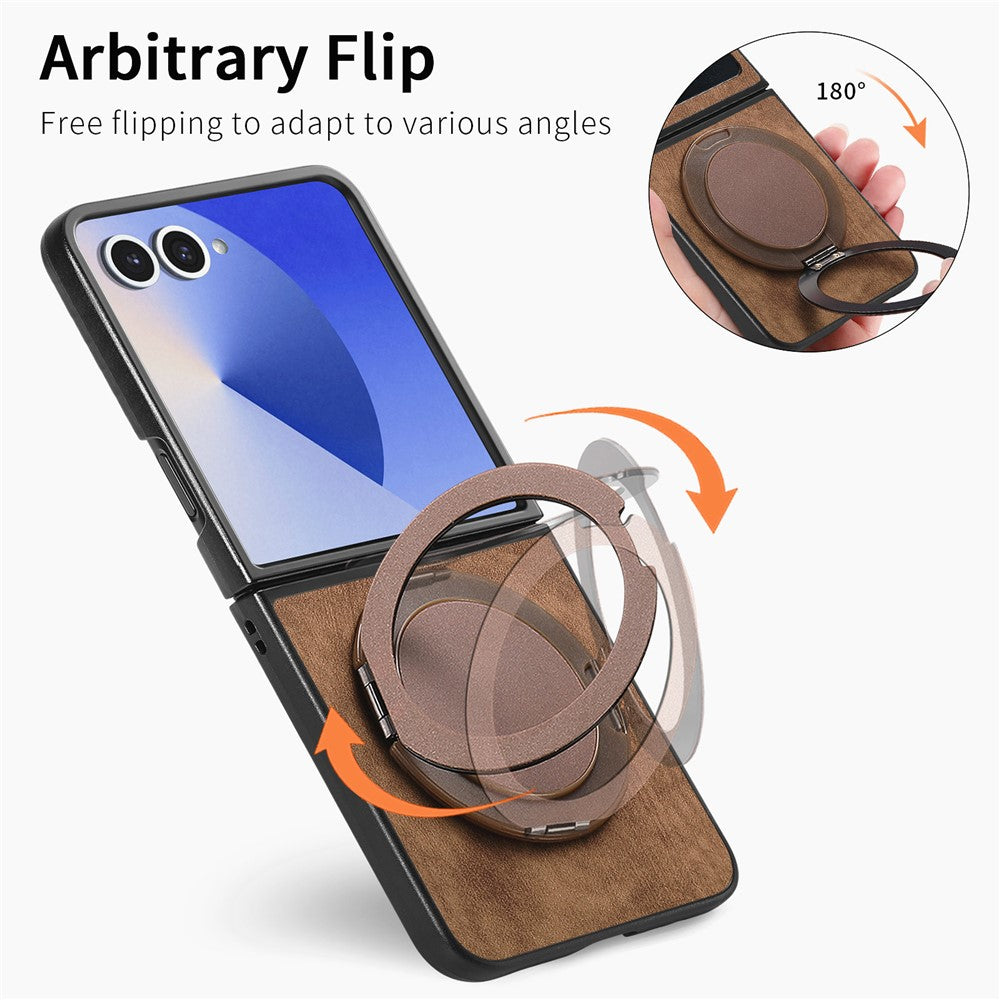 For Samsung Galaxy Z Flip7 5G Phone Case with Rotating Kickstand Stress Relief Retro Leather Back Cover - Brown