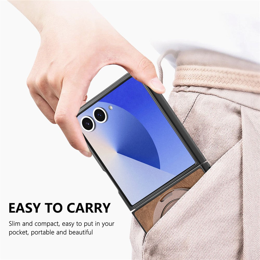 For Samsung Galaxy Z Flip7 5G Phone Case with Rotating Kickstand Stress Relief Retro Leather Back Cover - Brown