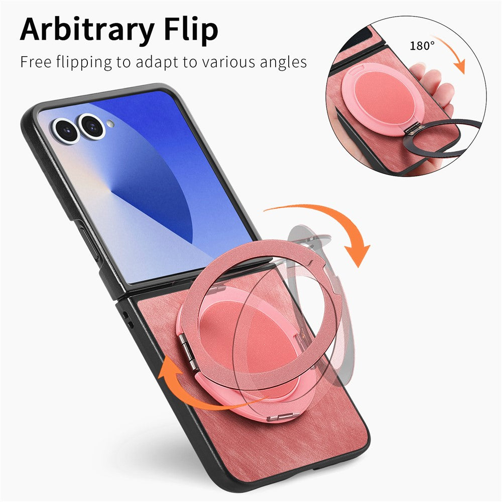 For Samsung Galaxy Z Flip7 5G Phone Case with Rotating Kickstand Stress Relief Retro Leather Back Cover - Pink