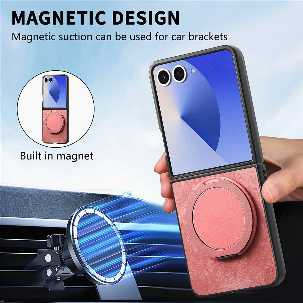For Samsung Galaxy Z Flip7 5G Phone Case with Rotating Kickstand Stress Relief Retro Leather Back Cover - Pink