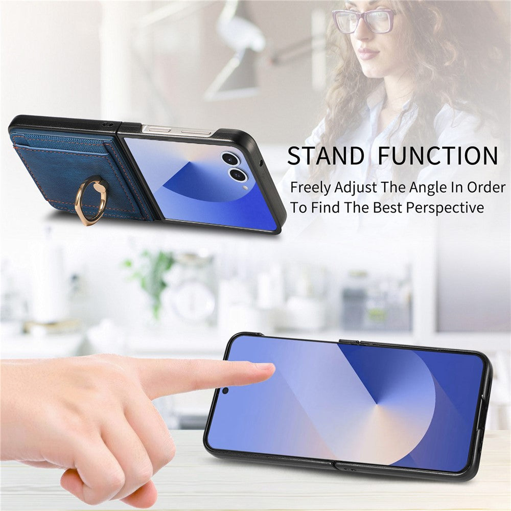 For Samsung Galaxy Z Flip7 5G Phone Case Leather Back Cover with Card Slots Kickstand - Blue