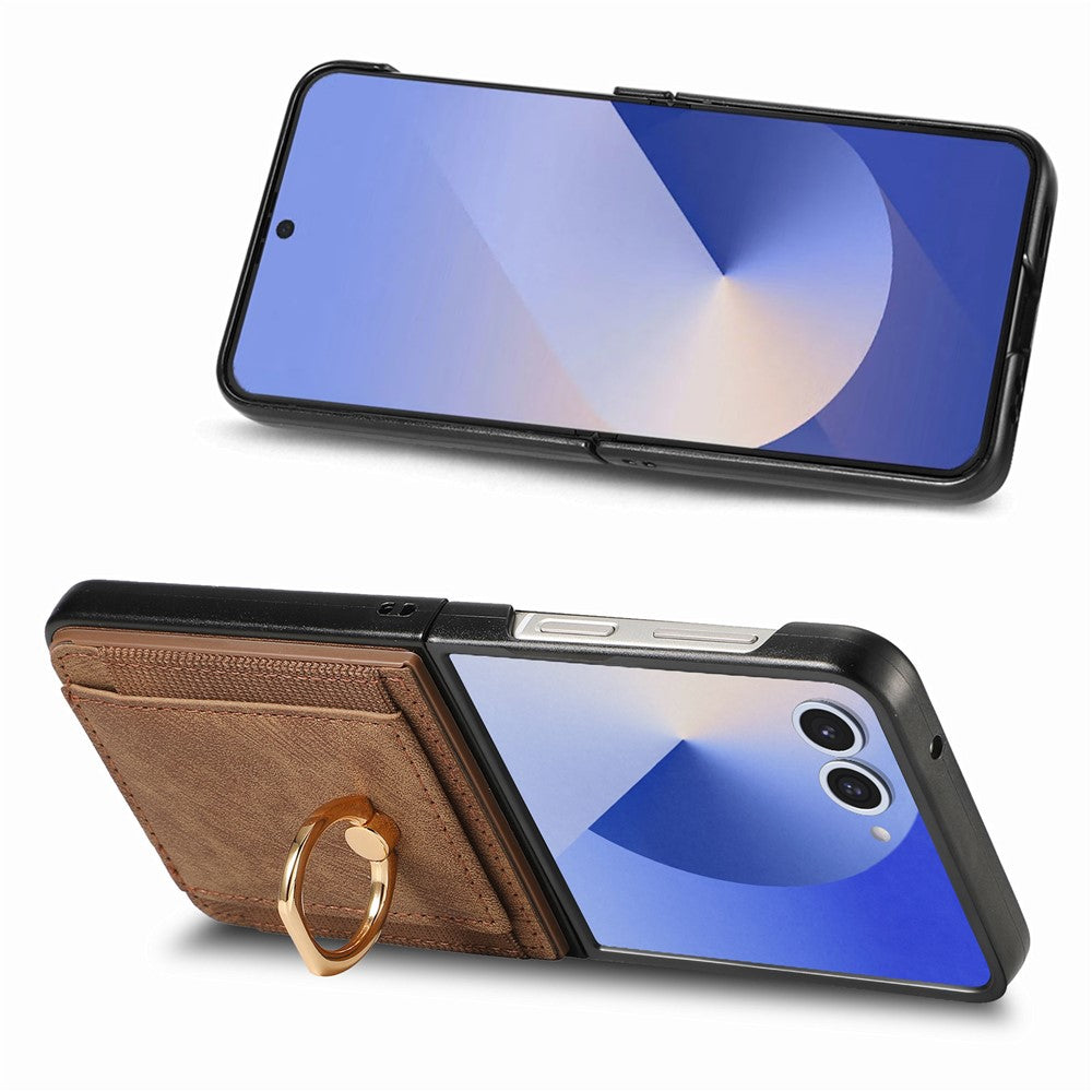 For Samsung Galaxy Z Flip7 5G Phone Case Leather Back Cover with Card Slots Kickstand - Brown