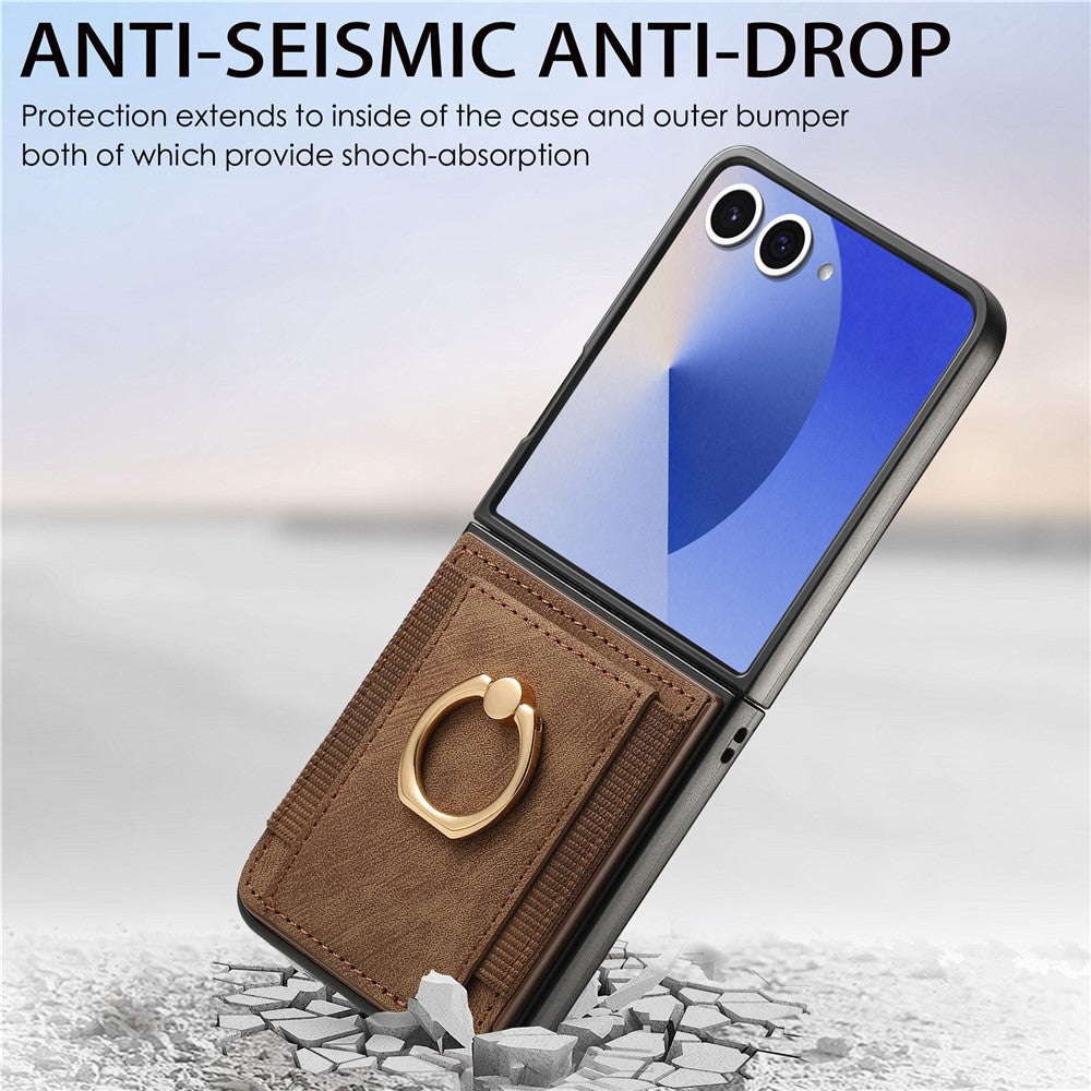For Samsung Galaxy Z Flip7 5G Phone Case Leather Back Cover with Card Slots Kickstand - Brown