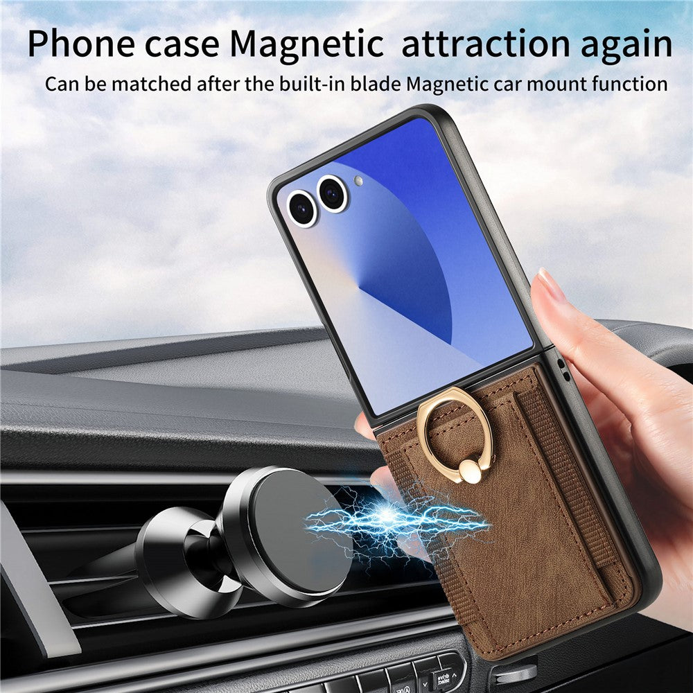 For Samsung Galaxy Z Flip7 5G Phone Case Leather Back Cover with Card Slots Kickstand - Brown