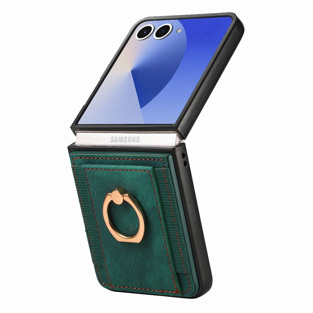 For Samsung Galaxy Z Flip7 5G Phone Case Leather Back Cover with Card Slots Kickstand - Green