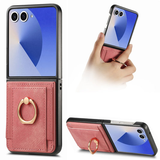 For Samsung Galaxy Z Flip7 5G Phone Case Leather Back Cover with Card Slots Kickstand - Pink