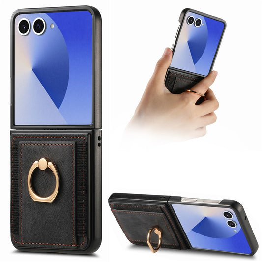 For Samsung Galaxy Z Flip7 5G Phone Case Leather Back Cover with Card Slots Kickstand - Black