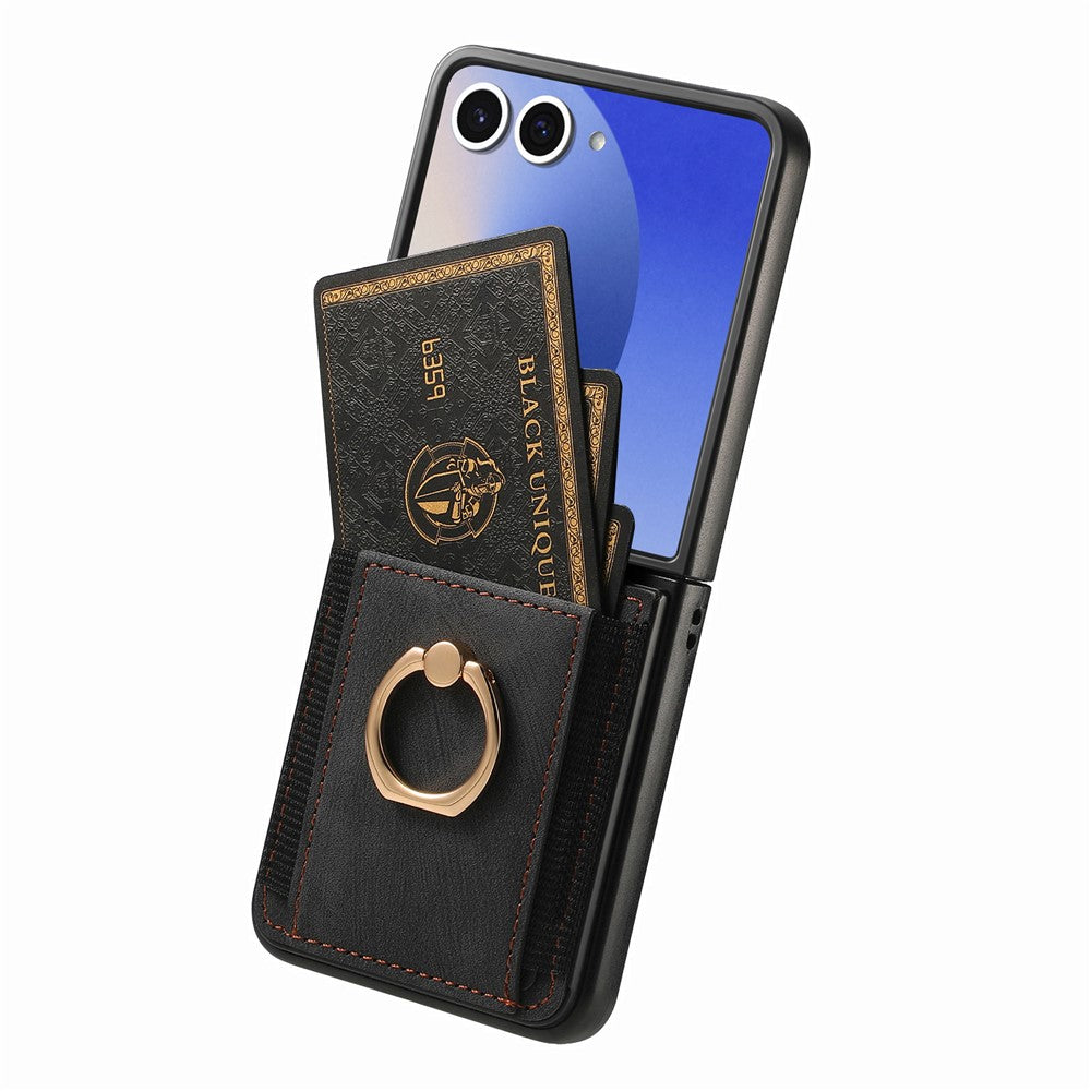 For Samsung Galaxy Z Flip7 5G Phone Case Leather Back Cover with Card Slots Kickstand - Black