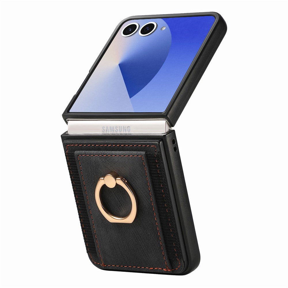 For Samsung Galaxy Z Flip7 5G Phone Case Leather Back Cover with Card Slots Kickstand - Black